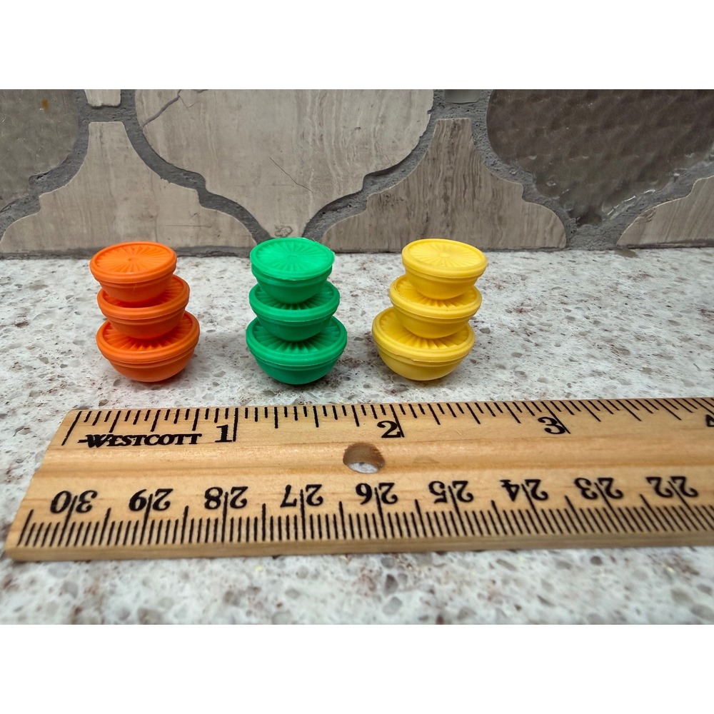 3D Printed Miniature Tupperware Bowls with Lids Orange Green Yellow Dollhouse